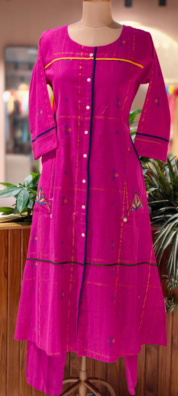 Minimal Embroidered Work Casual Wear A-Line Kurta With Bottom In Cotton Fabric- 13645