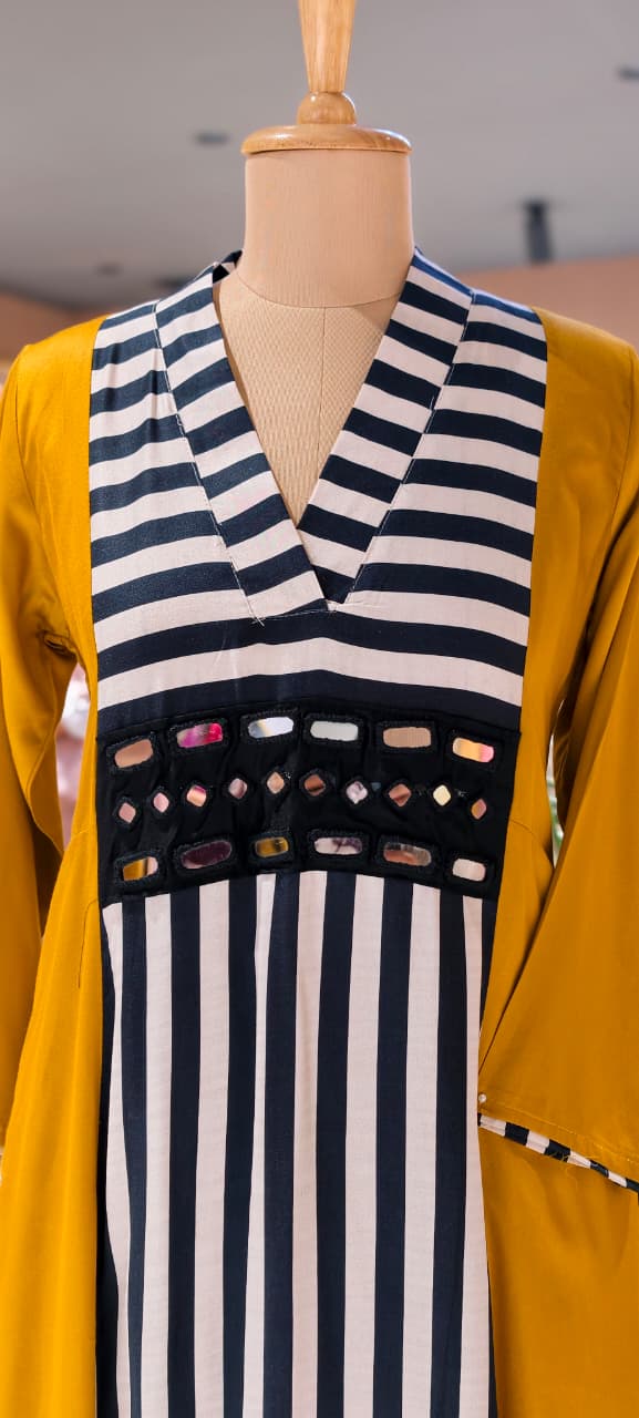 Striking Striped Real Mirror Work Stylish A-Line Kurta With Bottom Set In Gajji Silk Fabric- 13729