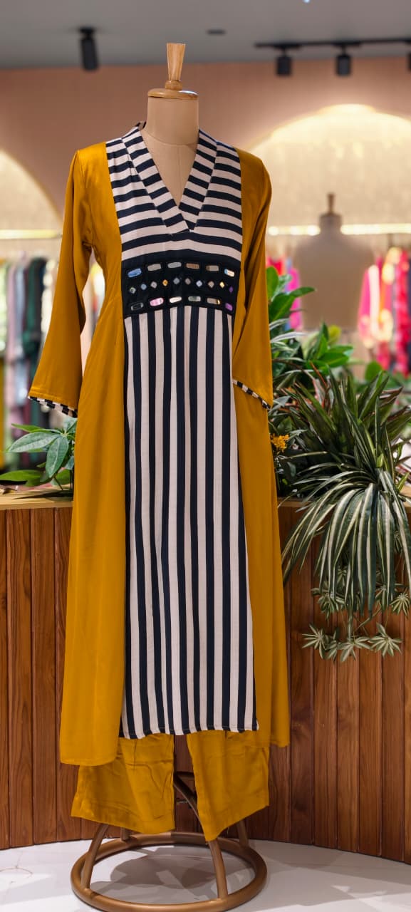 Striking Striped Real Mirror Work Stylish A-Line Kurta With Bottom Set In Gajji Silk Fabric- 13729