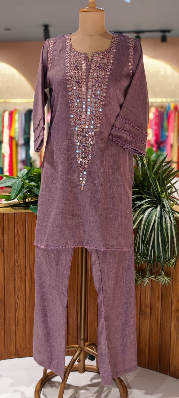 Real Mirror With Thread Upwork Coiled V-Yoke Kurta Pant Set In Jute Cotton Fabric- 13761