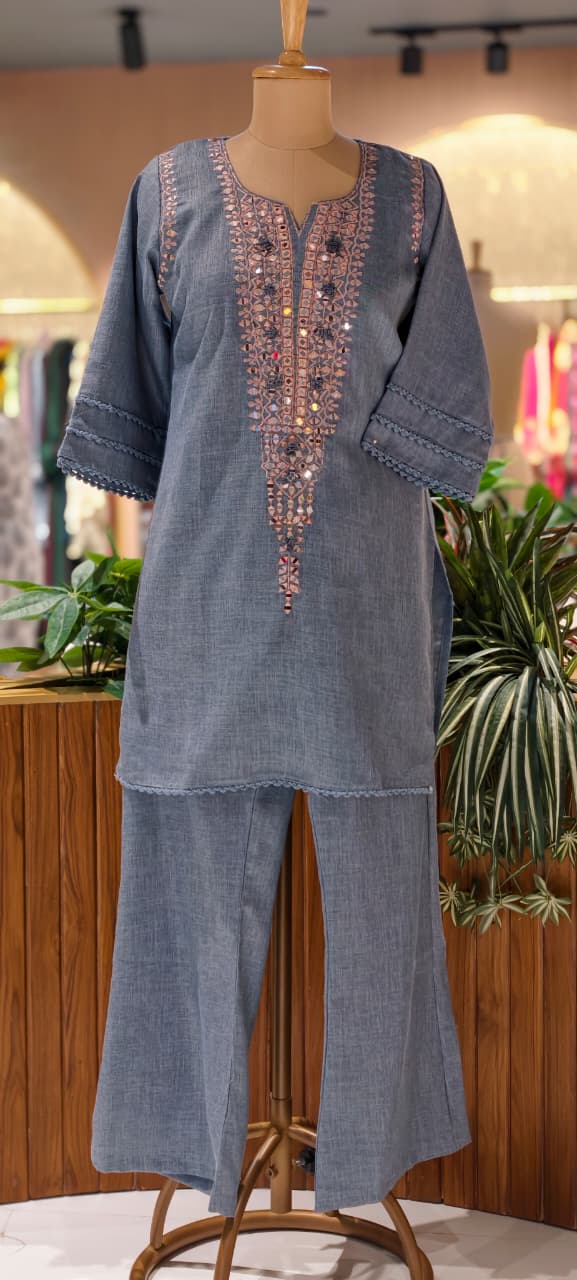 Real Mirror With Thread Upwork Coiled V-Yoke Kurta Pant Set In Jute Cotton Fabric- 13761