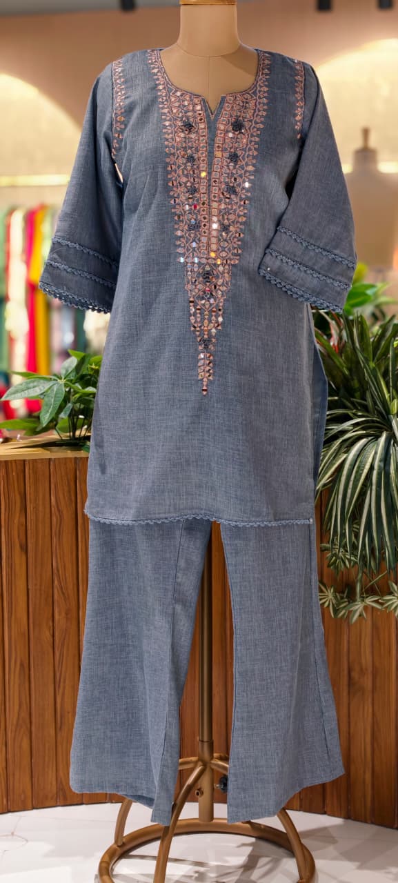 Real Mirror With Thread Upwork Coiled V-Yoke Kurta Pant Set In Jute Cotton Fabric- 13761