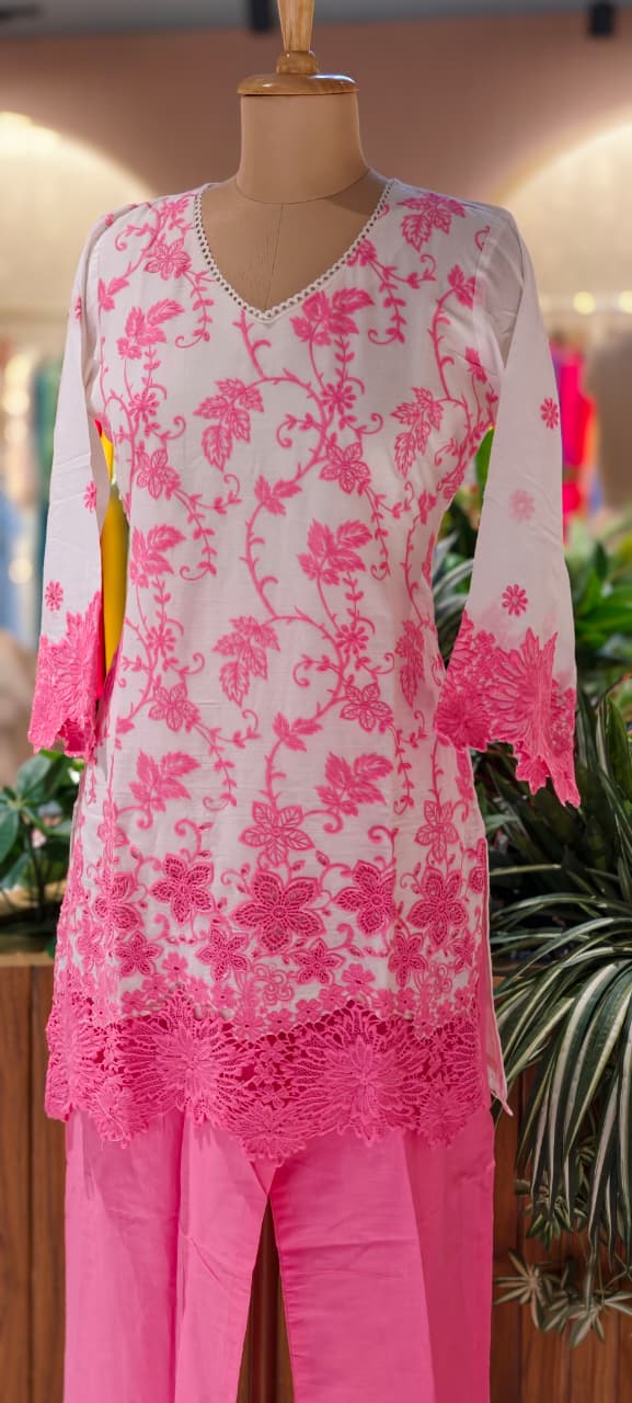 Very Fine Intricate Embroidery Minimal Laced Neck Line With Cut Work Co-Ord Set In Cotton Fabric With Lining- 13768