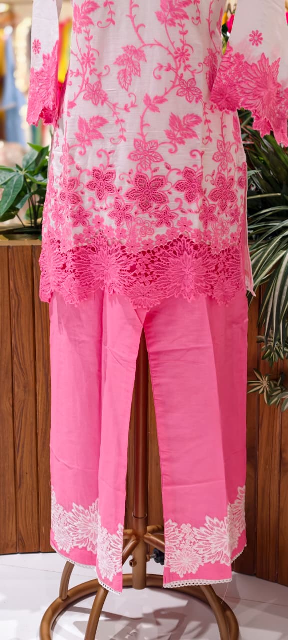 Very Fine Intricate Embroidery Minimal Laced Neck Line With Cut Work Co-Ord Set In Cotton Fabric With Lining- 13768