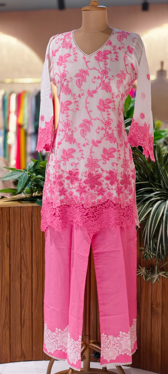 Very Fine Intricate Embroidery Minimal Laced Neck Line With Cut Work Co-Ord Set In Cotton Fabric With Lining- 13768