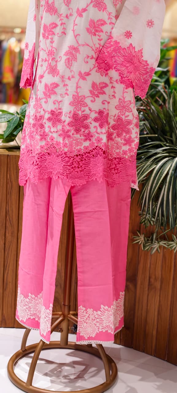 Very Fine Intricate Embroidery Minimal Laced Neck Line With Cut Work Co-Ord Set In Cotton Fabric With Lining- 13768