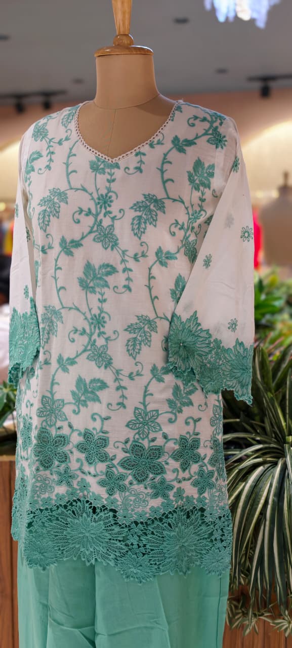 Very Fine Intricate Embroidery Minimal Laced Neck Line With Cut Work Co-Ord Set In Cotton Fabric With Lining- 13768