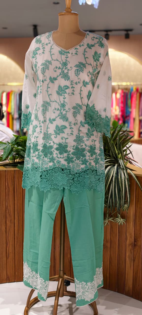 Very Fine Intricate Embroidery Minimal Laced Neck Line With Cut Work Co-Ord Set In Cotton Fabric With Lining- 13768