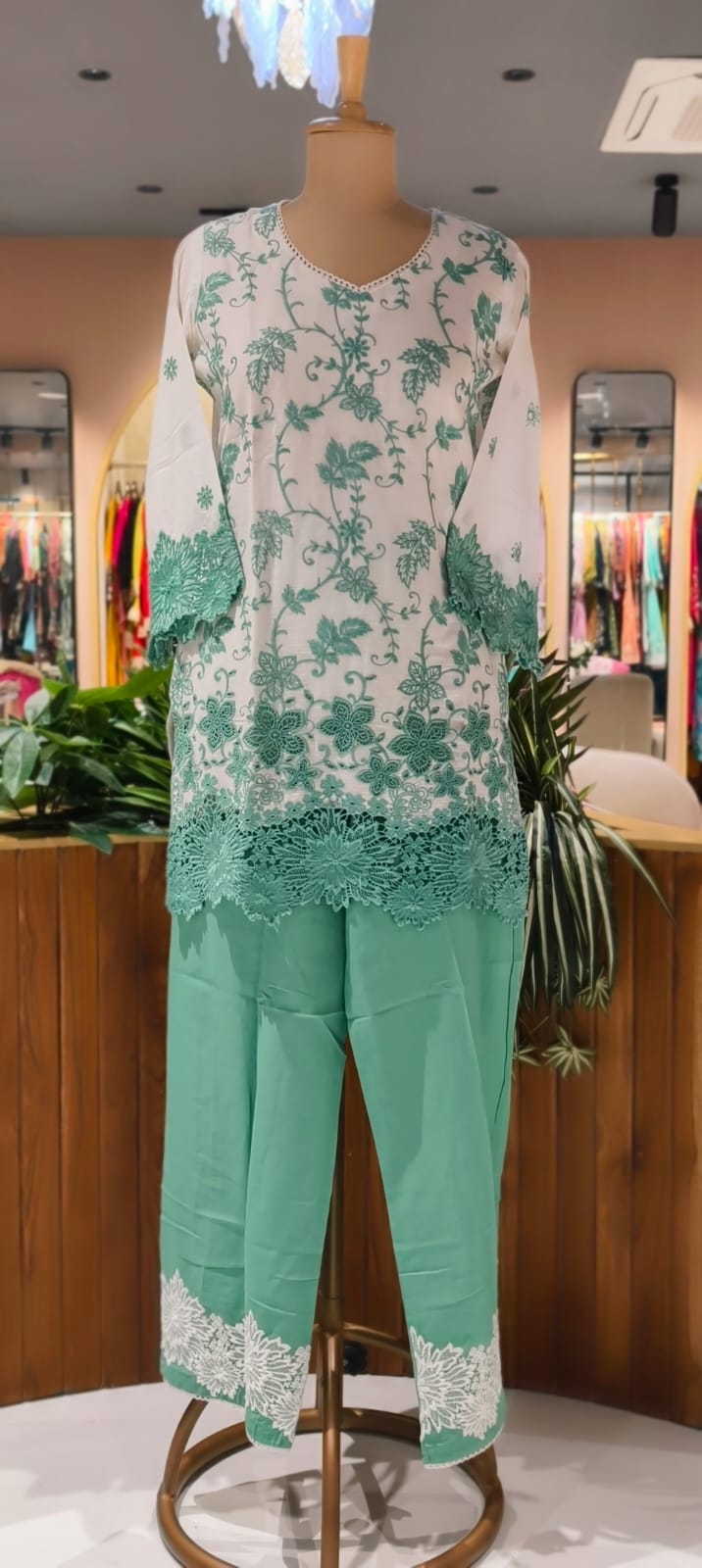 Very Fine Intricate Embroidery Minimal Laced Neck Line With Cut Work Co-Ord Set In Cotton Fabric With Lining- 13768