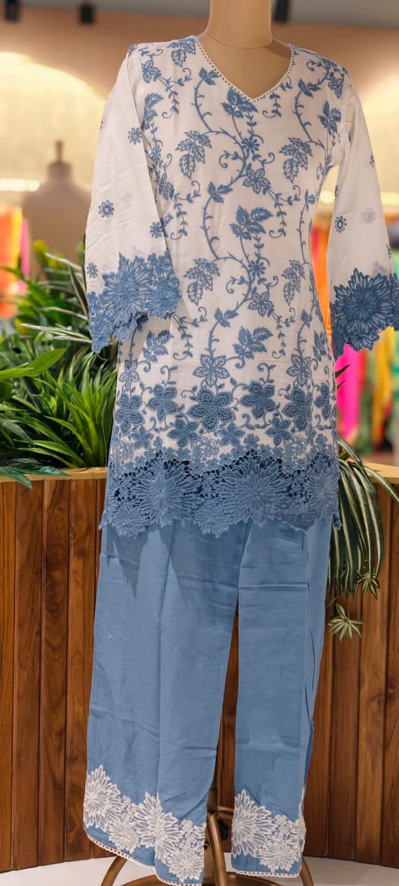 Very Fine Intricate Embroidery Minimal Laced Neck Line With Cut Work Co-Ord Set In Cotton Fabric With Lining- 13768