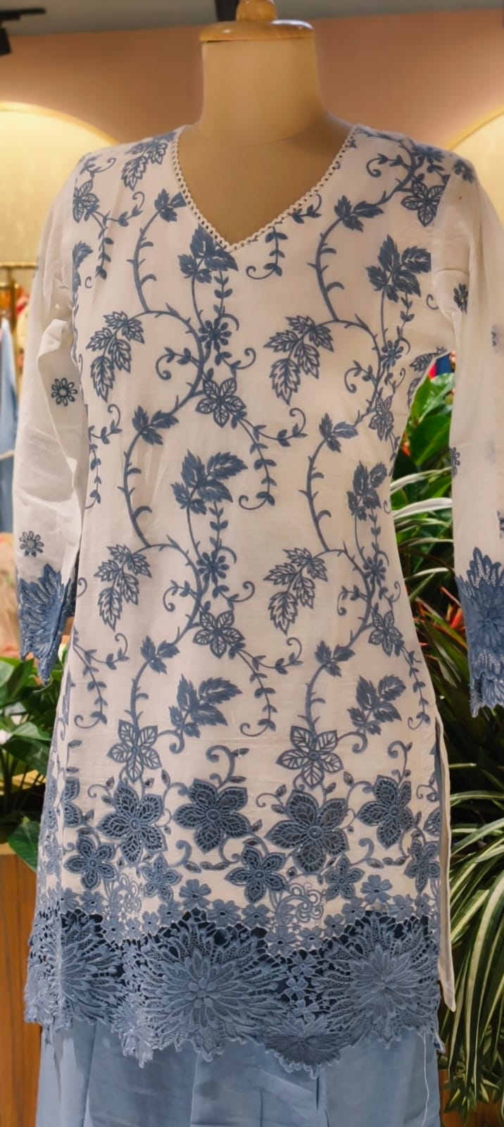 Very Fine Intricate Embroidery Minimal Laced Neck Line With Cut Work Co-Ord Set In Cotton Fabric With Lining- 13768