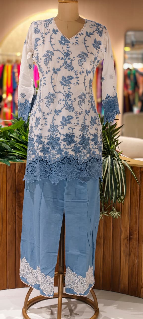 Very Fine Intricate Embroidery Minimal Laced Neck Line With Cut Work Co-Ord Set In Cotton Fabric With Lining- 13768