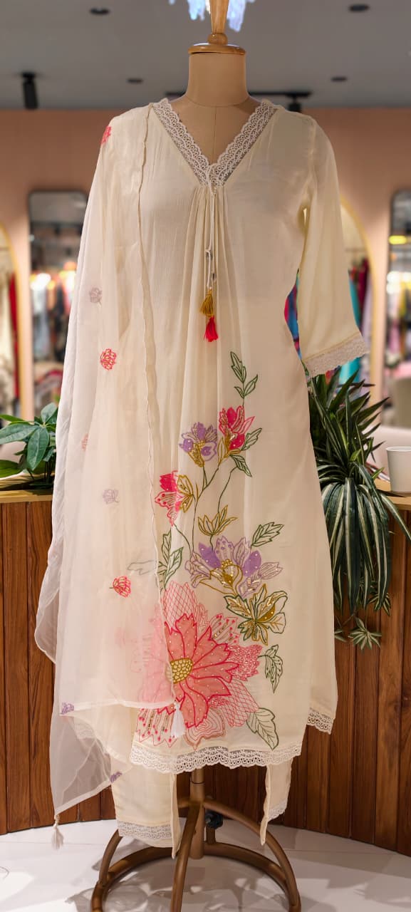 Floral Meadowed Patch Look Crosia Work A-Line Full Suit Set With Dupatta In Crush Cotton Fabric- 13780