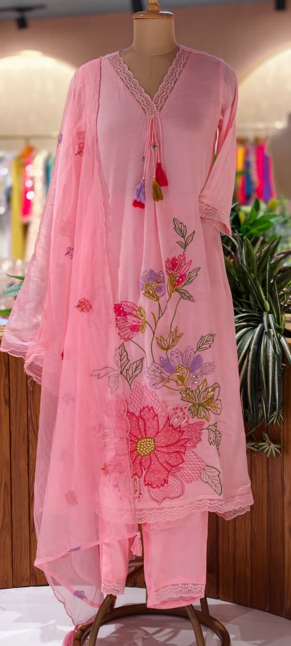 Floral Meadowed Patch Look Crosia Work A-Line Full Suit Set With Dupatta In Crush Cotton Fabric- 13780