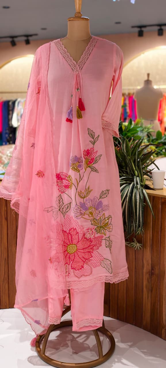 Floral Meadowed Patch Look Crosia Work A-Line Full Suit Set With Dupatta In Crush Cotton Fabric- 13780