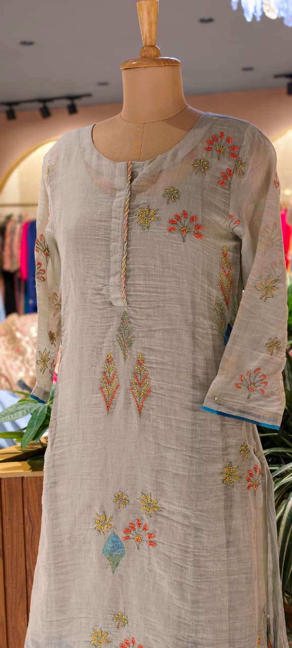 Maized Floral Fine Embroidery Ash Toned Double Layered Gown In Pure Mul Chanderi Fabric(Slightly Lean Fit)- 13772