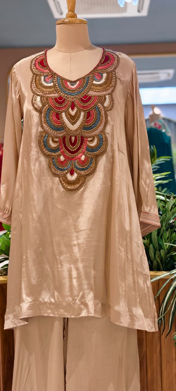 Antique Multicolor Jewellery Look Yoke Premium Indo Wear Kurta Pant Set In Crepe Fabric- 13797