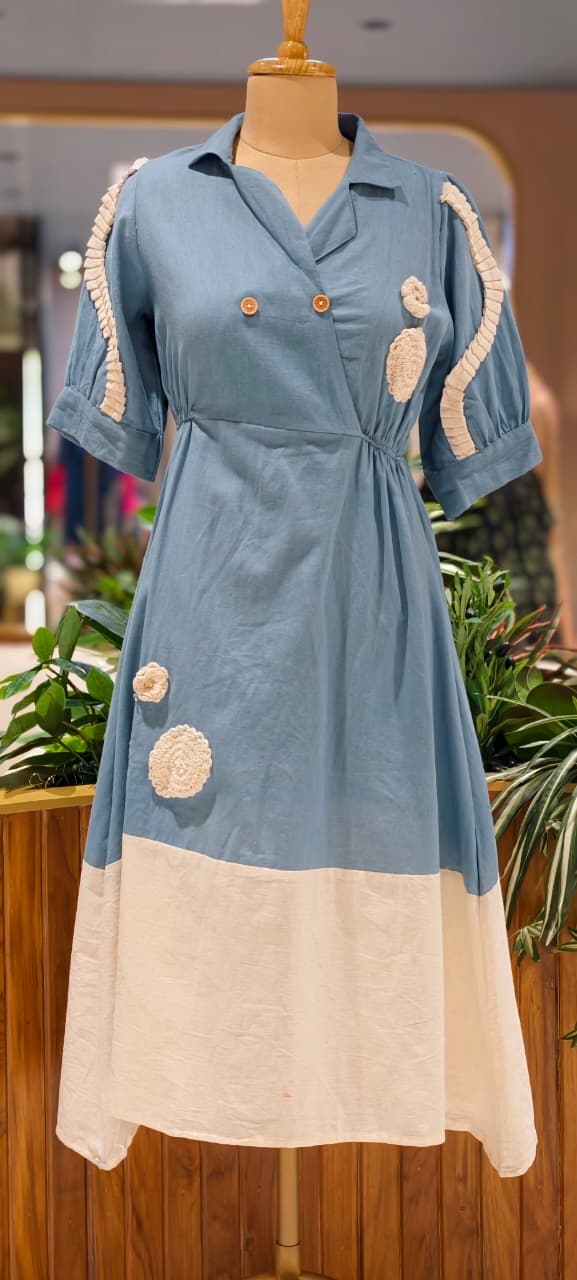 Beautiful Crochet Work Dual Tone Summer Wear Frock With Balloon Sleeve