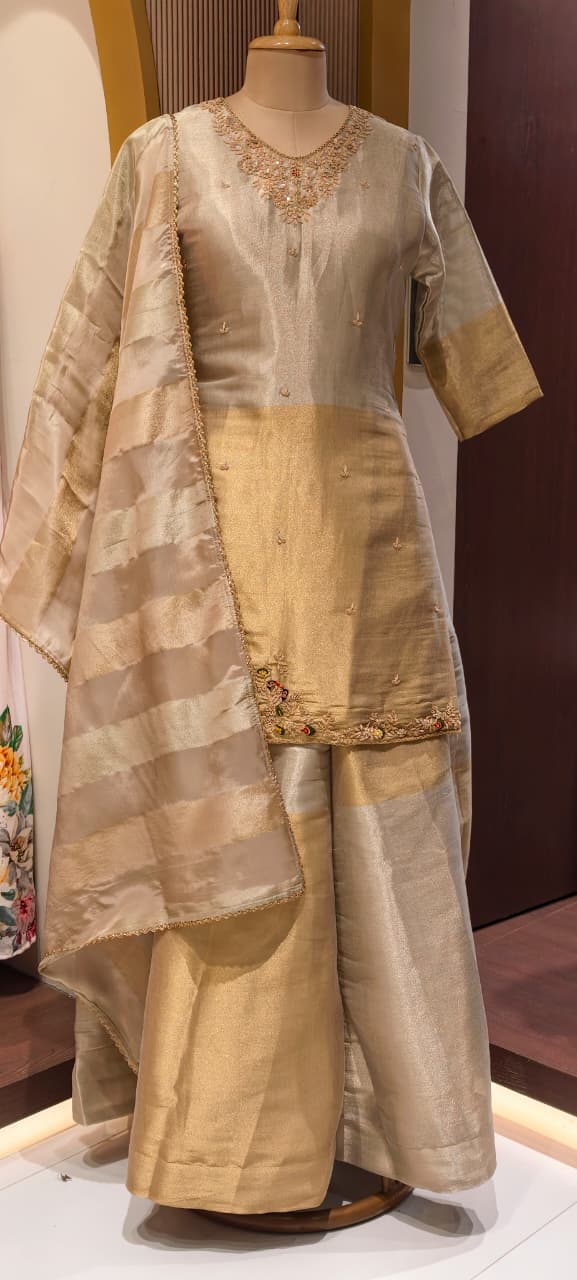 Dual Tone Shiny Premium Tissue Elegance Suttle Embroidery Work Kurta With Skirt Bottom & Dupatta- 13750