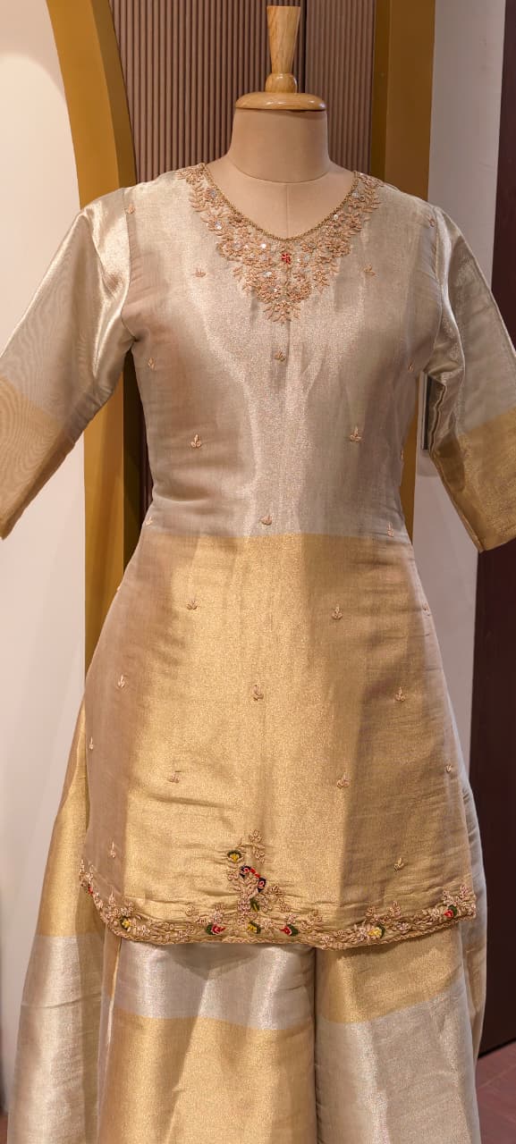 Dual Tone Shiny Premium Tissue Elegance Suttle Embroidery Work Kurta With Skirt Bottom & Dupatta- 13750