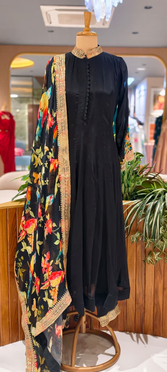 Premium Chinon Panel Anarkali Full Suit Set With Multicolor Floral Embroidery Work In Sleeve & Printed Dupatta- 13751