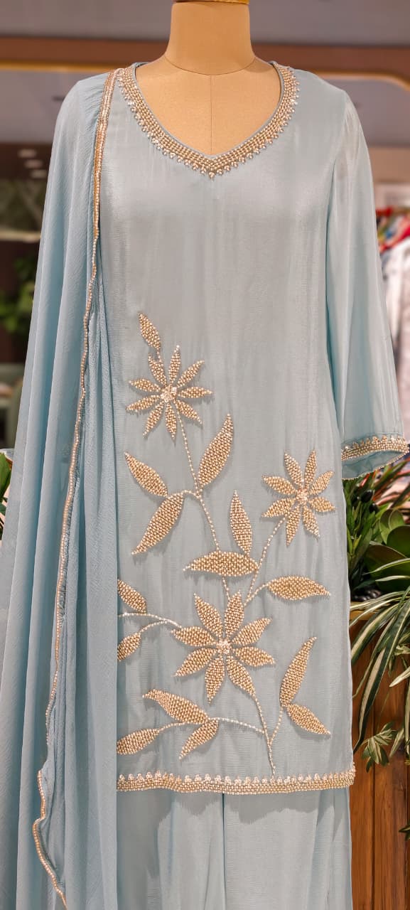 Silver Cut Dana Pastel Elegance Leafy Embroidered Festive Wear Chinon Full Suit Set With Dupatta- 13802