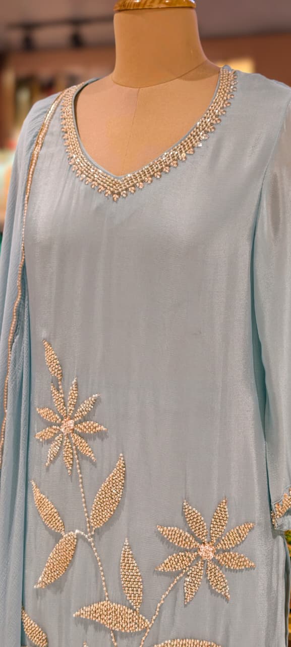 Silver Cut Dana Pastel Elegance Leafy Embroidered Festive Wear Chinon Full Suit Set With Dupatta- 13802