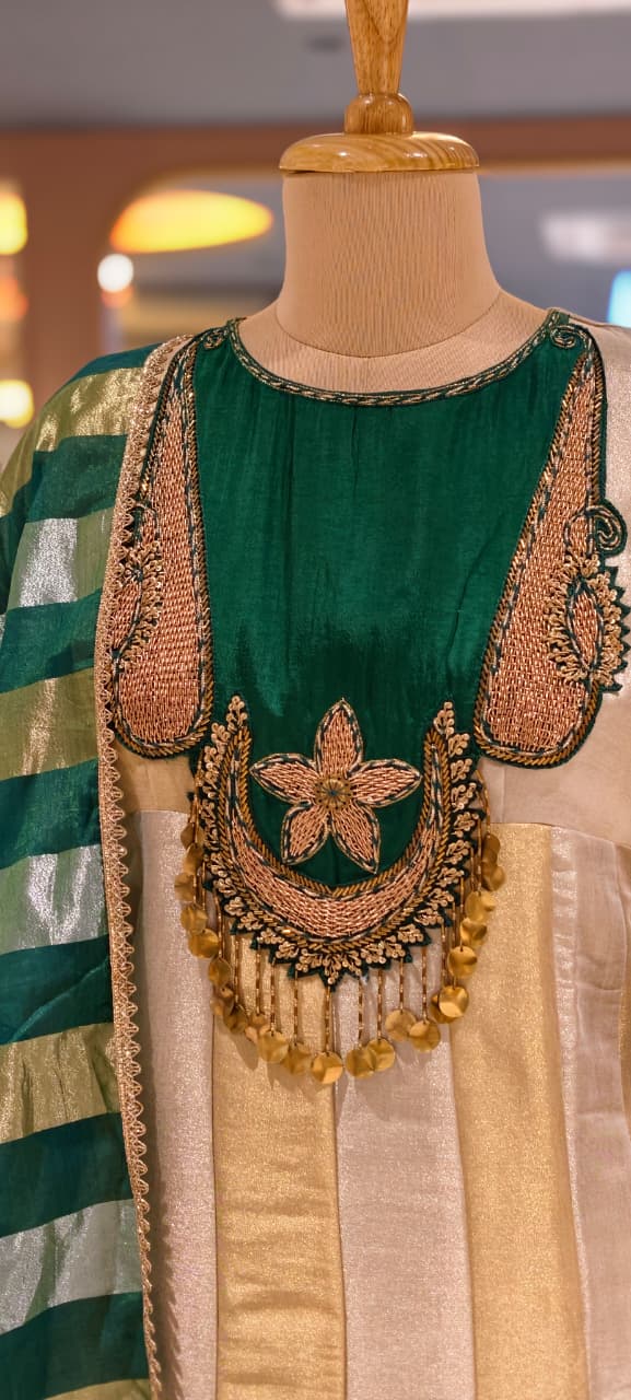 Classic Nior Grand Antique Jewel Look Yoke Tissue Elegance Striking Striped Panel Anarkali Full Suit Set With Dupatta- 13810