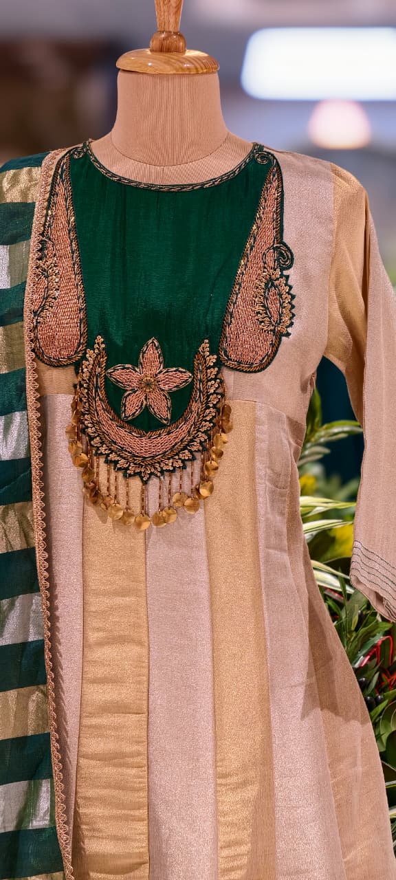 Classic Nior Grand Antique Jewel Look Yoke Tissue Elegance Striking Striped Panel Anarkali Full Suit Set With Dupatta- 13810