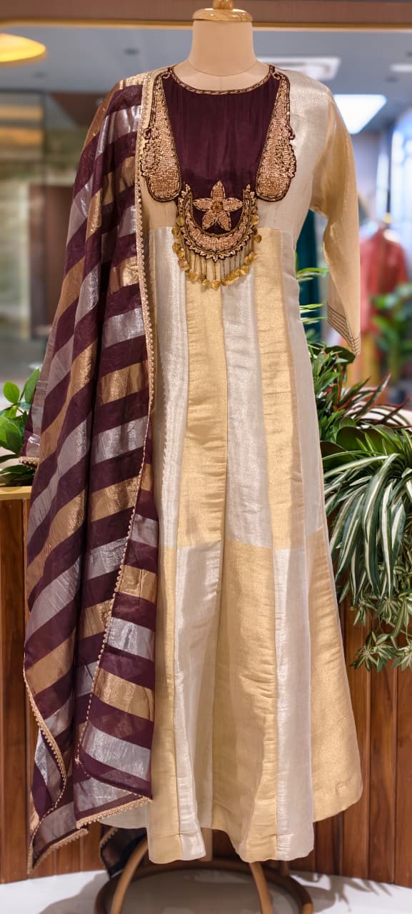 Classic Nior Grand Antique Jewel Look Yoke Tissue Elegance Striking Striped Panel Anarkali Full Suit Set With Dupatta- 13810