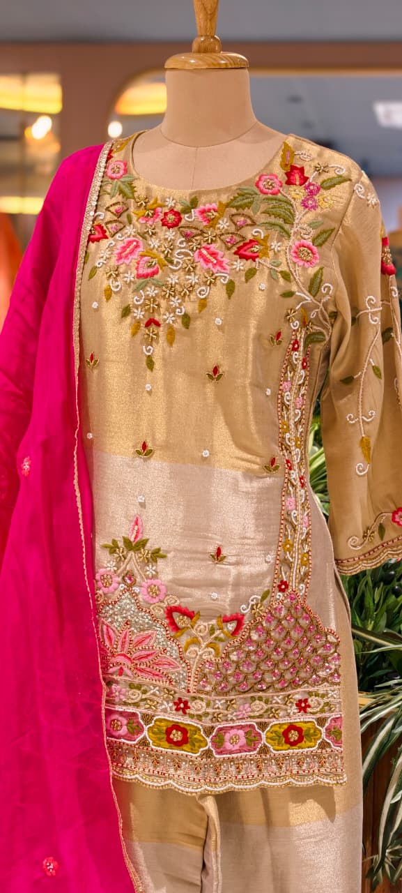 Grand Floral Blossom Intricate Thread Embroidery With Stone Upwork Classic Tale Heavy Full Suit Set With Dupatta In Tissue Fabric- 13811