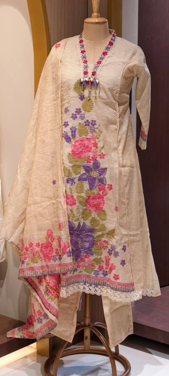 Spring Floral Print With Golden Highlights Crosia Laced A-Lined Full Suit Set With Dupatta Fabric Weaving - 13818