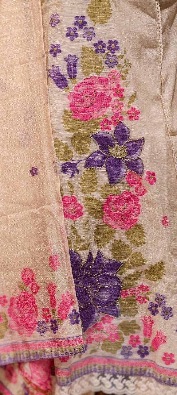 Spring Floral Print With Golden Highlights Crosia Laced A-Lined Full Suit Set With Dupatta Fabric Weaving - 13818