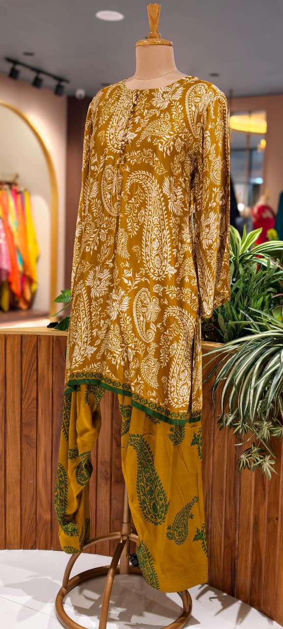 Graceful Mustard Mango Buti Printed Farsi Bottom Co-Ord Set In Modal Satin Fabric- 13799
