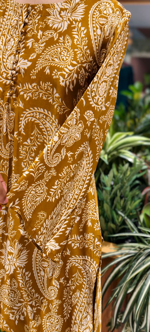 Graceful Mustard Mango Buti Printed Farsi Bottom Co-Ord Set In Modal Satin Fabric- 13799