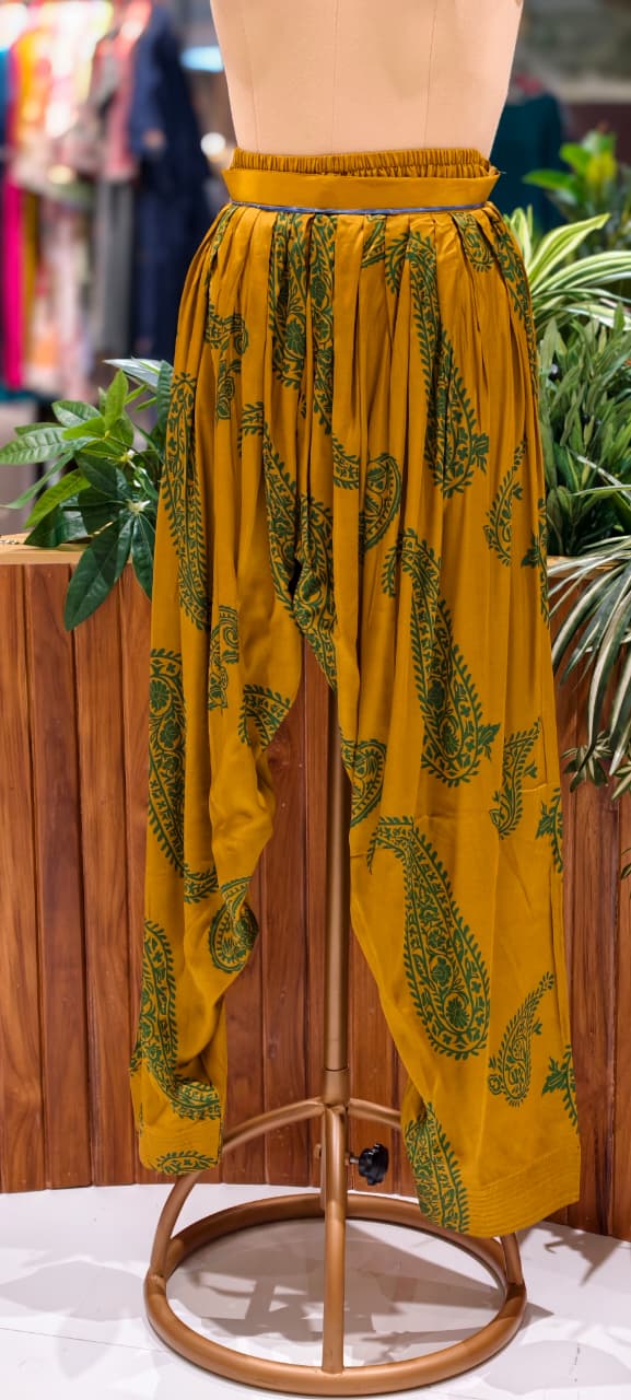 Graceful Mustard Mango Buti Printed Farsi Bottom Co-Ord Set In Modal Satin Fabric- 13799