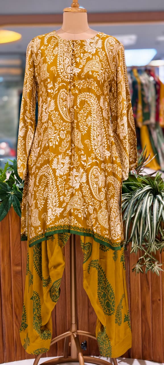 Graceful Mustard Mango Buti Printed Farsi Bottom Co-Ord Set In Modal Satin Fabric- 13799