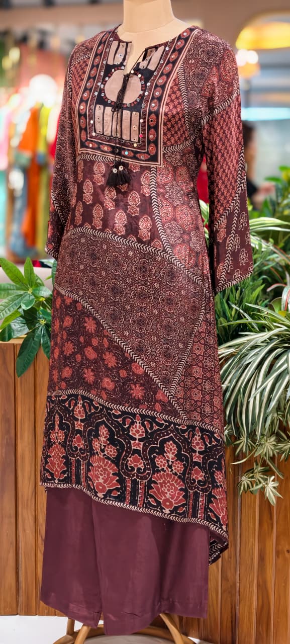 Ajrakh Multi Prints Ethnic Wear A-Line Kurta Pant Set In Pure Crepe Fabric-13753