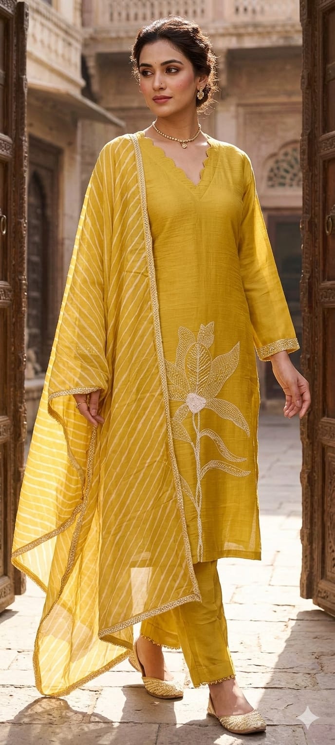 Mustard Yellow Floral Embroidered Kurta Pant Set with Striped Organza Dupatta Fabric Pure Banarasi Mulchanderi -13790