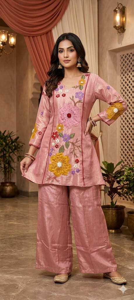Luxury Shimmer Tissue Hand Embroidered Kurta with Palazzo Set-13812