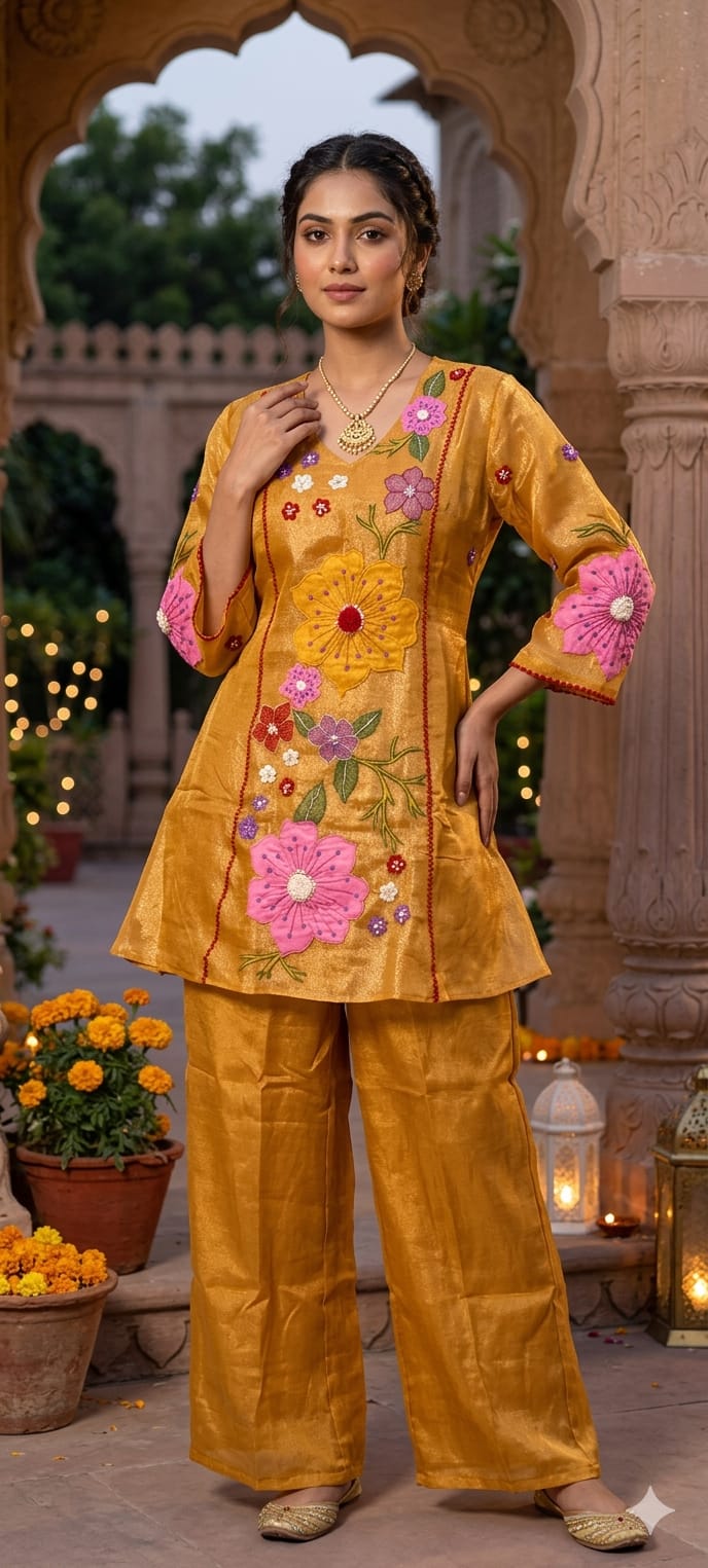 Luxury Shimmer Tissue Hand Embroidered Kurta with Palazzo Set-13812