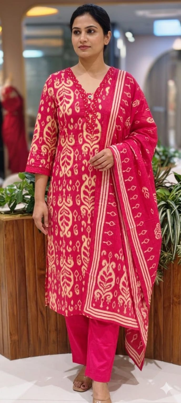 Soft Breathable Elegant Cotton Printed Kurta Pant Set with Dupatta-13845