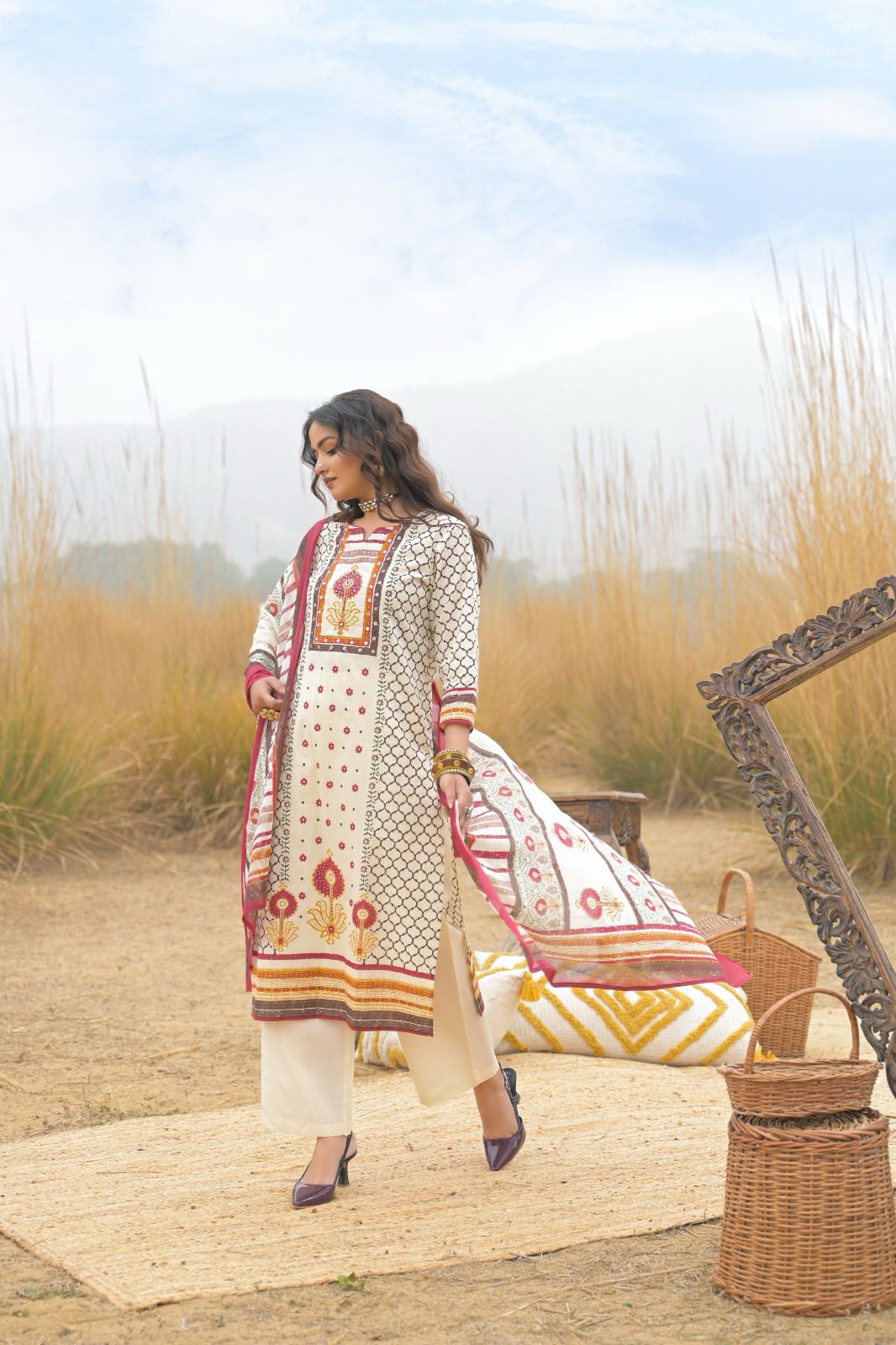 Vintage Inspired Printed Cotton Full Suit Set with Elegant Dupatta-13866