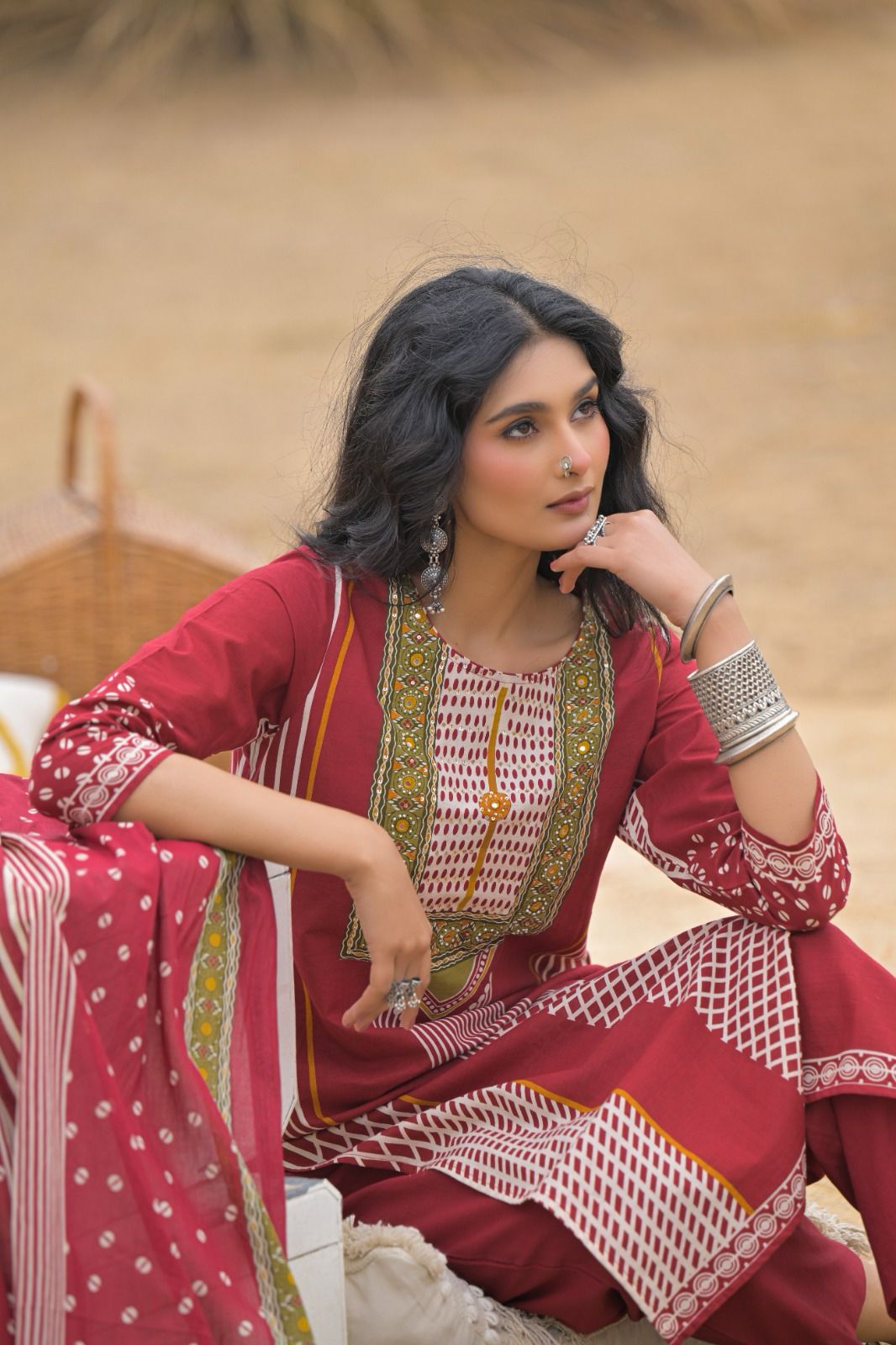 Classic Heritage Print Cotton Kurta Ensemble with Coordinated Pants and Dupatta-13866