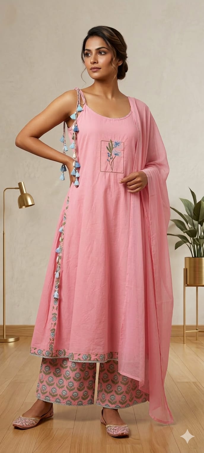 Sleeveless Embroidered Kurta with Tassel Detailing for Festive & Casual Wear-13869