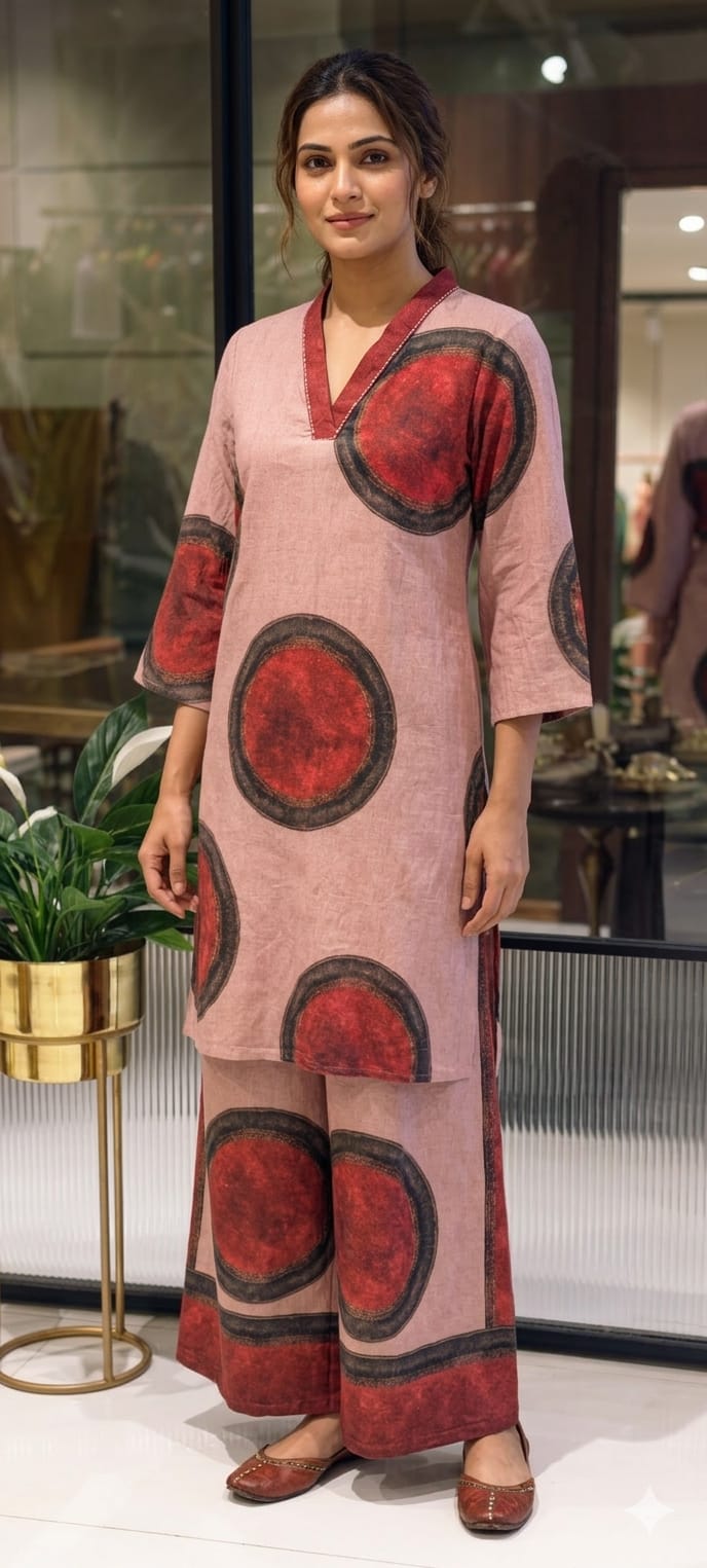 Elegant linen Cotton Printed Kurta Set with Wide-Leg Pants-13871