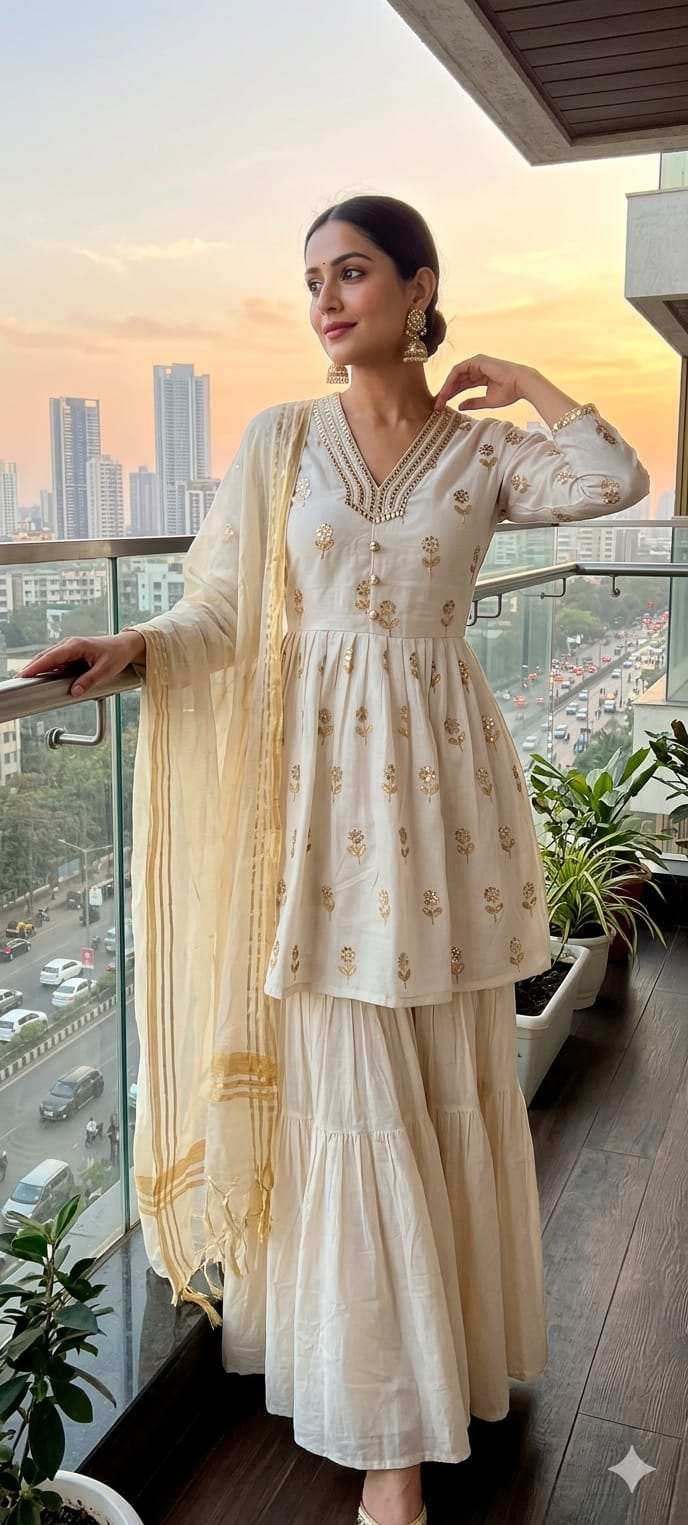 Graceful ivory Chanderi stylish V-neck Gotta Work embellishments Chanderi Kurta Set with Sharara & Dupatta-13864