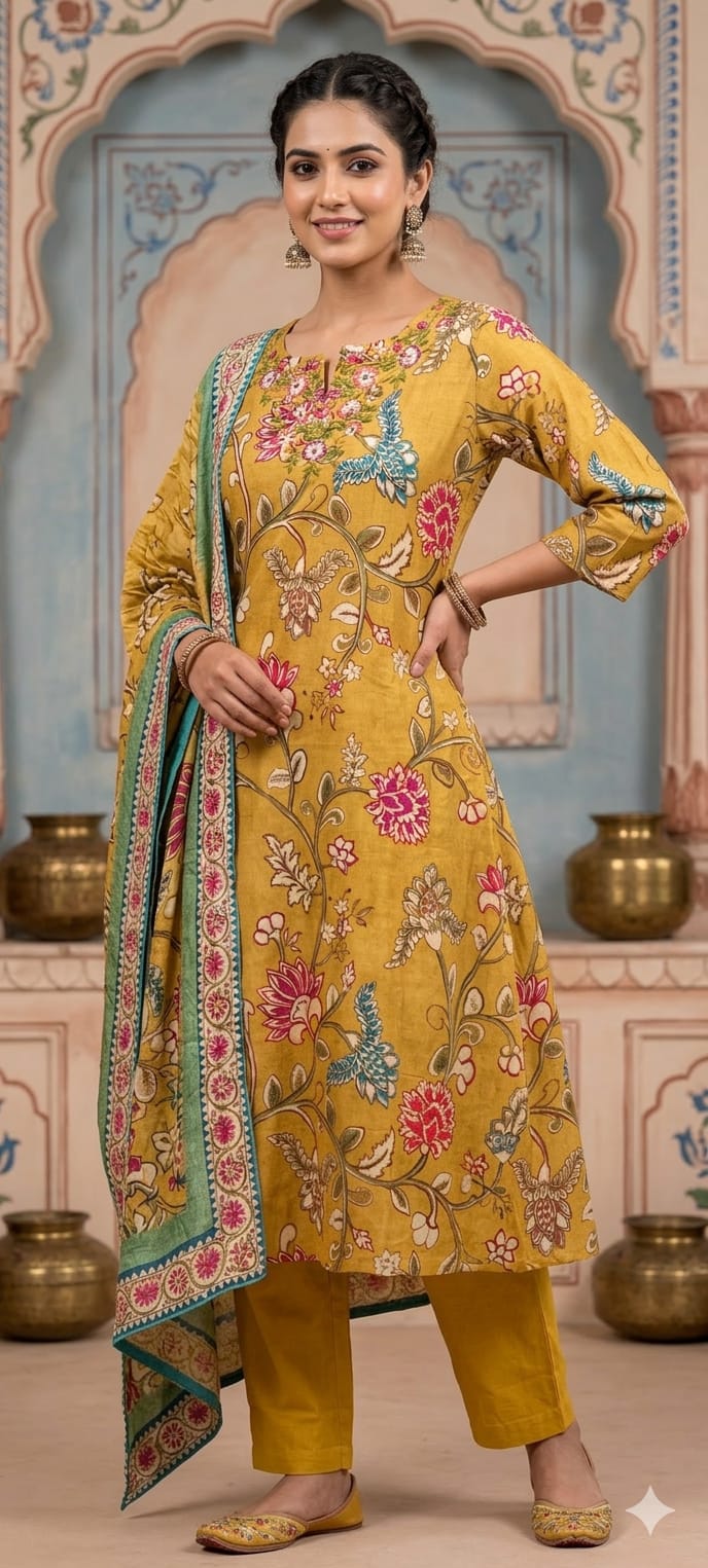 Elegant Floral Printed Butter Soft Cotton Kurta Set with Straight Pants & Printed Dupatta-13879,78