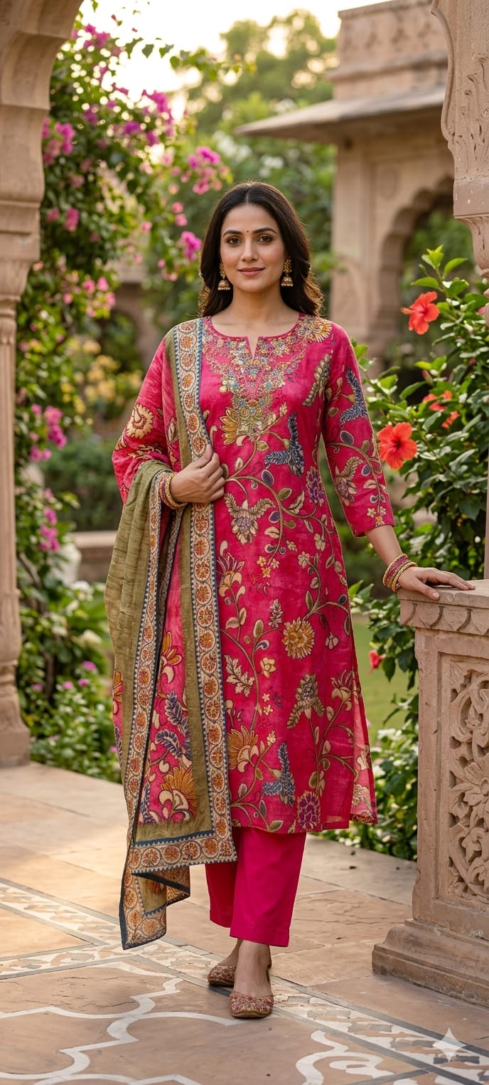 Elegant Floral Printed Butter Soft Cotton Kurta Set with Straight Pants & Printed Dupatta-13879,78