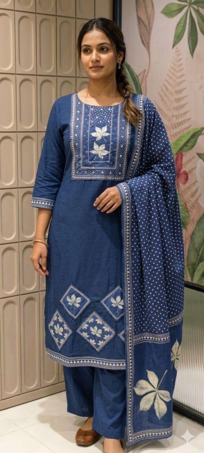 Indigo Blue Butter soft Cotton Kurta Set with Handblock Floral Motifs, Straight Pants & Printed Dupatta-13877